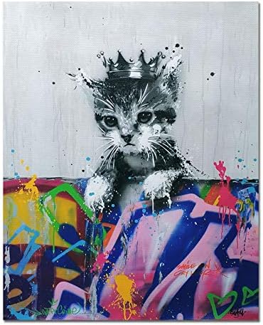 TIICA Banksy Graffiti Macska Korona Vászon Fali Poszter Nyomtatása Wall Art, keret nélküli 8x10 Motivációs Modern Kitty Poszter, Mosoly