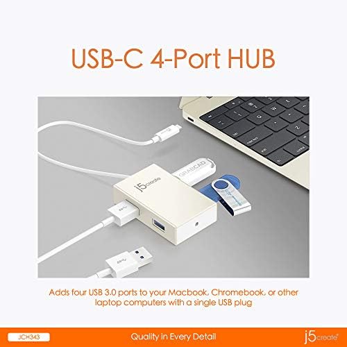j5create USB-C Hub Adapter Kábel 4-in-1 USB C Típusú USB 3.0 [x4] Dongle MacBook, Chromebook, Mobil Telefonok, Tablet, Laptop,