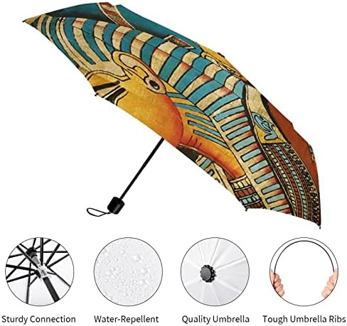 Retro Ókori Egyiptomi Művészet Utazási Esernyő 3 Redők Auto Nyitva Közel Anti-UV Hordozható Szélálló Ernyő Esernyő