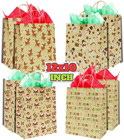 8DB Karácsonyi Nagy Kraft Ajándék Bags12x10x5-ös.5 Hüvelyk Kezelni, selyempapír Karácsonyi Ünnep Papír Ajándék Táskák a Karácsonyi Komámasszony