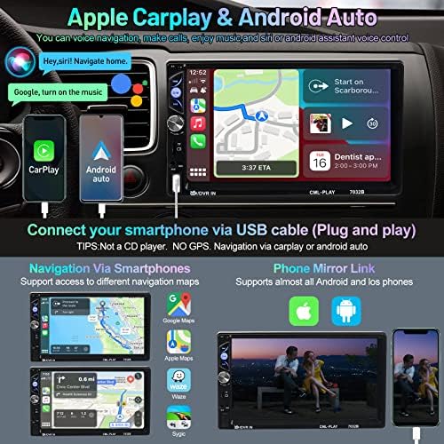 ACTASIAN Dupla Din autórádió Apple Carplay, Android Auto,7 Hüvelykes Érintőképernyő Autó Rádió Biztonsági Kamera,Bluetooth,Tükör