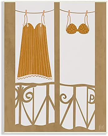 Stupell Iparágak Vintage Narancssárga Ruhát Európai Építészet Erkély Ruhaszárító kötél által Tervezett Nyírfa&Tinta Falon Emléktábla,
