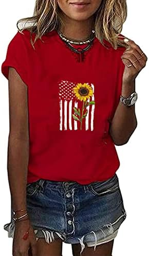 Női Nyári Rövid Ujjú Felsők július 4-Amerikai Zászlós Póló, Alkalmi Kerek Nyak Napraforgó Nyomtatás Hazafias Ing