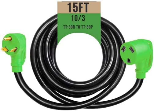 Cablectric 30 Amp 10/3 RV, valamint Automatikus Hosszabbító Kábel - 15 Ft STW TT-30R, hogy TT-30P 125v RV Tápkábel, UL, Zöld, Fekete