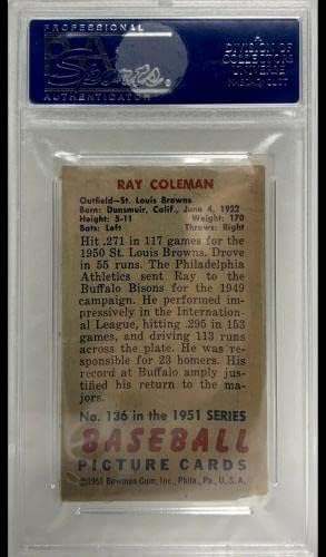 Ray Coleman 1951 Bowman Aláírt Kereskedelmi Kártya PSA Cardinals - Baseball Asztalon Dedikált Kártyák