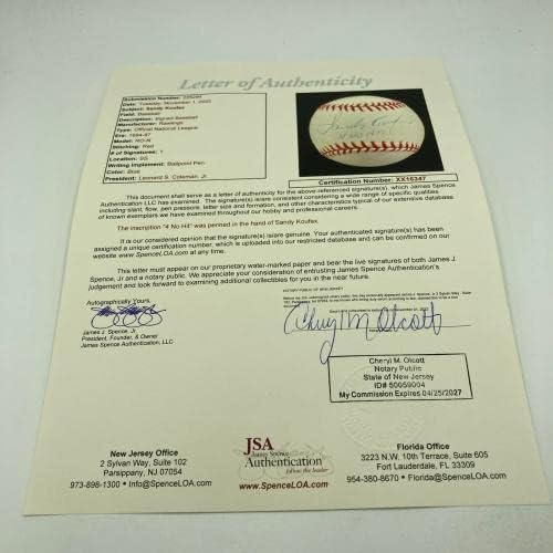 Sandy Koufax 4 Nem Hitters Aláírt Nemzeti League Baseball SZÖVETSÉG COA - Dedikált Baseball
