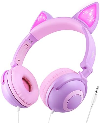 LOBKIN Fejhallgató Gyerekek, Fejhallgató Macska Fülét, LED-es, 85 Volume Limiter, Összecsukható, Gyerekek Fejhallgató Vezeték Lányoknak