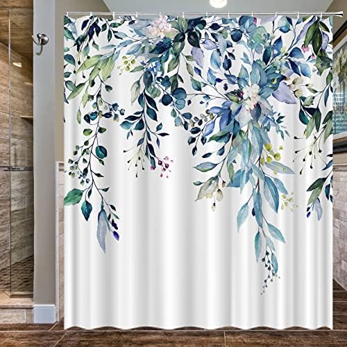 LUCHENGYI Kék Eukaliptusz Zuhanyzó Függöny, Vízálló Poliészter Szövet Zuhanyzó Függöny, Fürdőszoba, Akvarell Levelek, Virágos Design