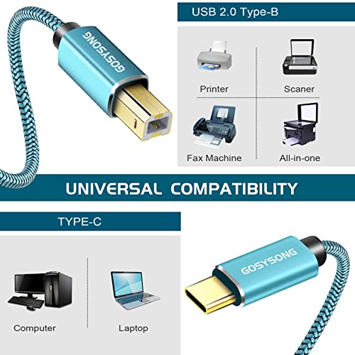 GOSYSONG USB-C Nyomtató Kábel 20ft, Nagy Sebességű USB C-USB-B Nyomtató Kábel Kompatibilis Pinter, Szkenner, Fax, Zongora,Midi Billentyűzet,Hangfelvétel,