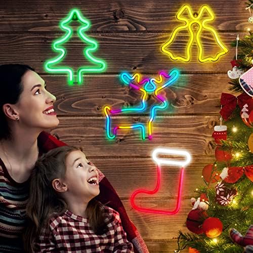 4 Db Karácsonyi neonreklám karácsonyfa Rénszarvas Bell Harisnya neonreklám Fények elemes neonreklám Lámpa Karácsony Téli szünet Fél