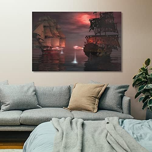 Tengeri Táj Szellem Vitorlás Wall Art Seascape Kép Kalóz Hajó Festmény Tengeri Csata a Két Öreg Hajók Vászon Festmény, Poszterek,