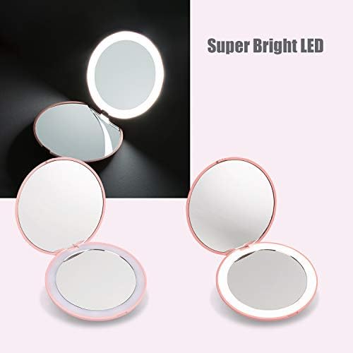 WOBANE LED Utazási Smink Tükör, 3.5 inch Kivilágított Kompakt Tükör, 10X-es Nagyítás, Kézi, Kétoldalas, Hordozható Összecsukható Tükör