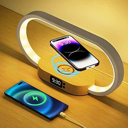 AONTESS Éjjeli Lámpa Vezeték nélküli Töltő - 5 Színben Touch Vezérlés Szabályozható Éjjeliszekrény Lámpa Hálószoba Óra Töltés USB Portra,