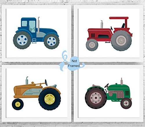Fiúk, Teherautó, Traktor Art Print - Akvarell Építési Jármű Vászon Wall Art-(8X10X4 darab, keret nélküli)-Tökéletes a Gyerekek, Hálószoba,