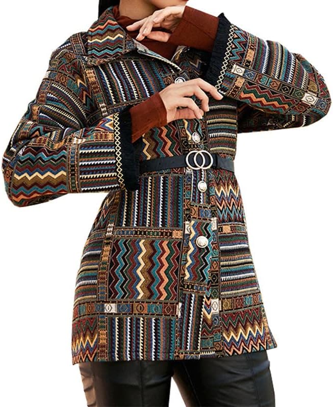 Női Gyapjú Kabát Vintage Western Etnikai Stílusú Kabátok Azték Nyomtatás Laza Shacket Gomb Le Ing, hosszú Kabát Övvel
