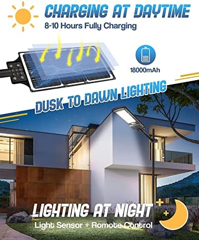 KingHe 3 Csomag 300W Napelemes Utcai Lámpák Kültéri - Solar Pólus Fények Mozgásérzékelő Távirányító IP65 Vízálló 18000mAH Napelemes