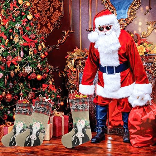 CUXWEOT Személyre szabott Aranyos Tehén, Kockás Karácsonyi Harisnya Neve Egyedi Karácsonyi Harisnya Családi ünnepek Fél Decor