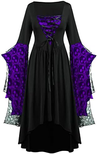 Magas Alacsony Halloween Dress Női Plus Size Csipke Koponya Nyomtatás Flare Hosszú Ujjú Boszorkány Jelmez, Hosszú Ruha