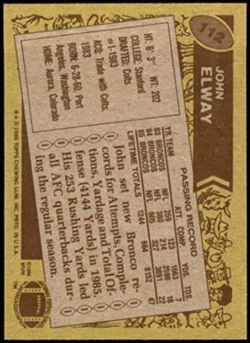1986 Topps 112 John Elway Denver Broncos (Foci Kártya) NM/MT Broncos Stanford