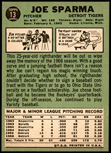 1967 Topps 13 Joe Sparma Detroit Tigers (Baseball Kártya) NM Tigrisek