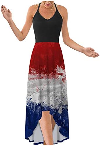 Július 4 Maxi Ruha Női Nyári Alkalmi Bohém Ruha USA Zászló Scoop Nyak Cami Ujjatlan Hazafias nyári ruháknak