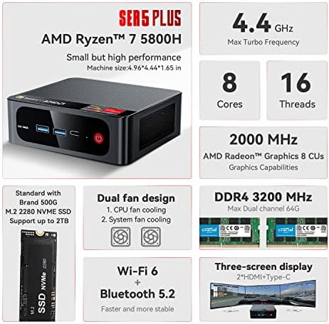 Beelink Mini PC, AMD Ryzen 7 5800H (8C/16T, akár 4.4 GHz), 16 gb-os DDR4 RAM 500GB M. 2 NVME SSD, SER5 Win11 Pro Mini Asztali Számítógép