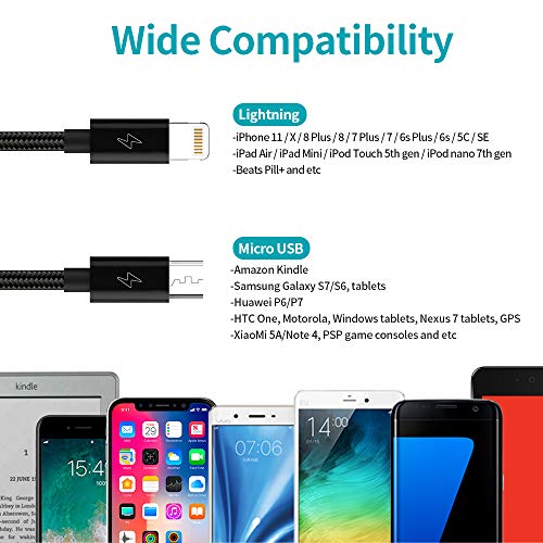 ROMOSS Multi USB Töltő Kábel - 5FT Fonott Nylon 2 az 1-ben Gyors Töltő Micro USB-Kábel-Kompatibilis iPhone, iPad, Airpods Fülhallgató,