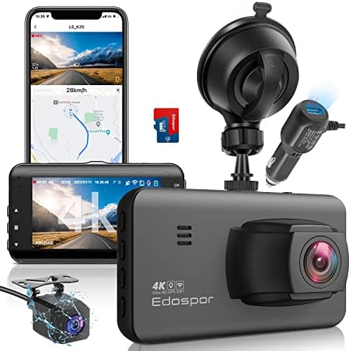 Edospor 4K Kamera, Elöl-Hátul Beépített WiFi GPS Dash Kamera Autó 3 - os IPS Képernyő, a 64 gb-os SD Kártya,170°Széles Szög,WDR,éjjellátó,Parkolás